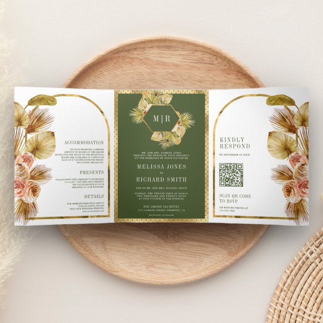 Boho Earthy Floral Olive Green QR Code Wedding Tri-Fold Invitation (Creator Uploaded)