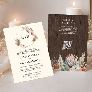 Boho Earthy Floral Pampas Wood QR Code Wedding Invitation