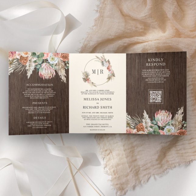Boho Earthy Floral Pampas Wood QR Code Wedding Tri-Fold Invitation (Creator Uploaded)