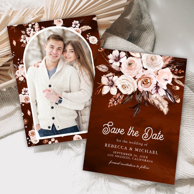 Boho Earthy Floral Photo Terracotta Wedding Save The Date (Creator Uploaded)