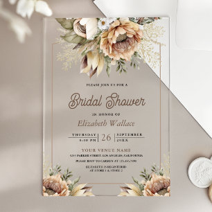 Boho Earthy Floral Taupe Bridal Shower Acrylic Invitations
