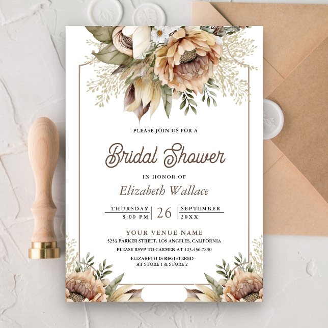Boho Earthy Floral Taupe Photo Bridal Shower Invitation (Creator Uploaded)