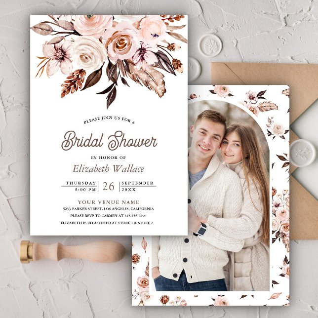 Boho Earthy Ivory Floral Photo Bridal Shower Invitation (Creator Uploaded)