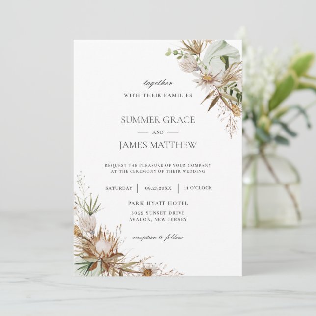 Boho Earthy Protea Dried Palm Rustic Wedding   Invitation (Standing Front)