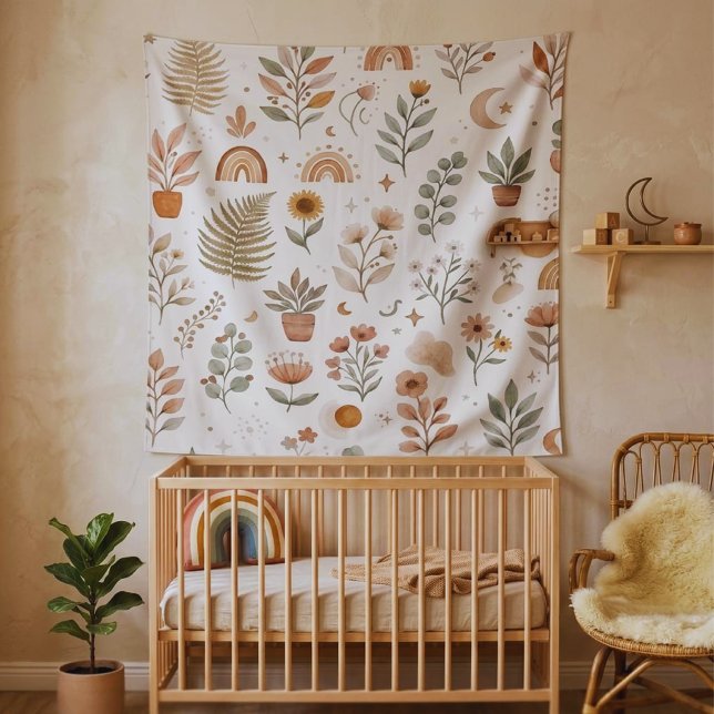 Boho Earthy Rainbow Botanical Nursery Wall  Tapestry (Shop premium boho botanical nursery tapestries for a cozy baby room)