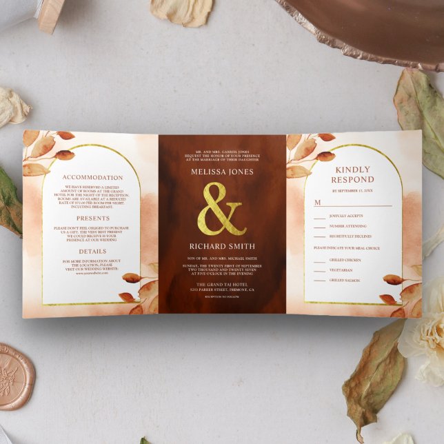 Boho Earthy Terracotta Leaves Arch 3 in 1 Wedding Tri-Fold Invitation (Creator Uploaded)