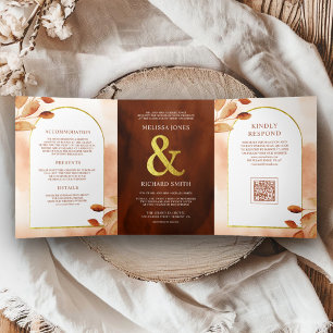Boho Earthy Terracotta Leaves Arch QR Code Wedding Tri-Fold Invitation