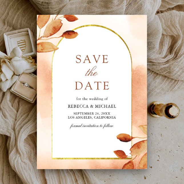 Boho Earthy Terracotta Leaves Arch Wedding Save The Date (Creator Uploaded)