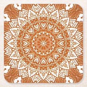 Boho Eclectic Tibetan Inspired Orange Mandala Square Paper Coaster