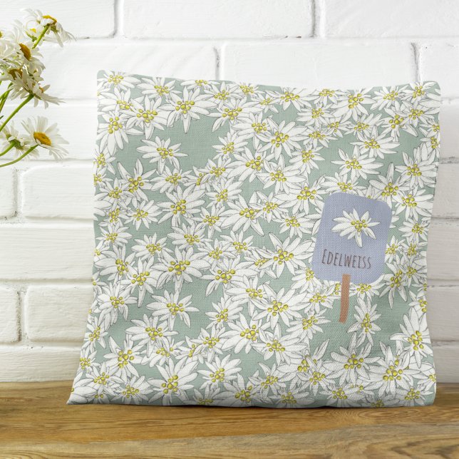 Boho Edelweiss Sound of Music Alpine Botanical Cushion (Our Edelweiss pillow calls to mind the sweet aroma of Alpine breezes.)