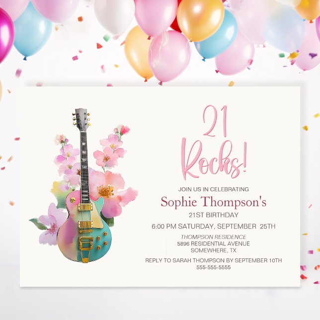 Boho Electric Guitar Pink Floral 21st Birthday Invitation (Creator Uploaded)