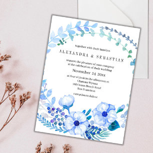 Boho Elegant Blue Floral Wreath Wedding Postcard
