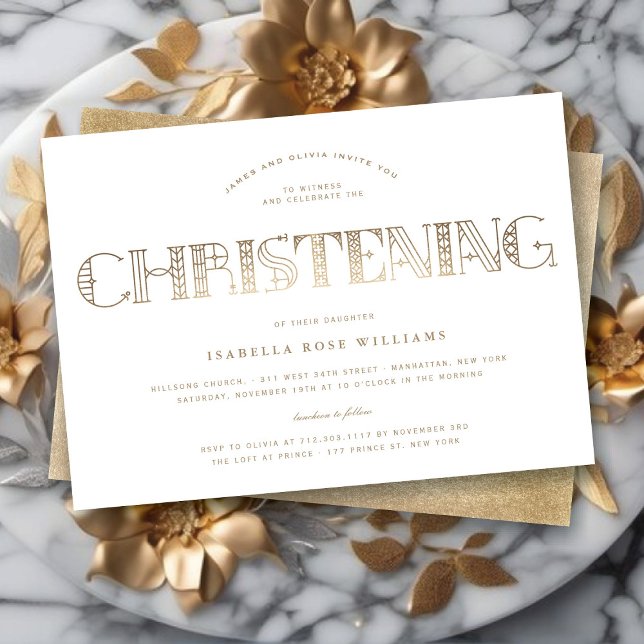 Boho Elegant Classy Gold/White Stylish Christening Invitation (Boho Elegant Classy Gold/White Stylish Christening Religious Invitation @ fat_fa_tin)