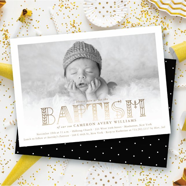 Boho Elegant Faux Gold Foil Stylish Baptism Photo Invitation (Boho Elegant Faux Gold Foil Stylish Chic Modern Baptism Religious Photo Invitation @ fat_fa_tin)