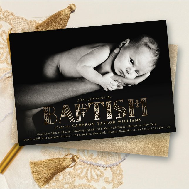 Boho Elegant Gold Foil Stylish Chic Baptism Photo Invitation (Boho Elegant Faux Gold Foil Stylish Chic Modern Baptism Religious Photo Invitation @ fat_fa_tin)