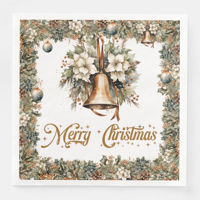 Boho Elegant greenery and Christmas gold bells Napkin (Front)