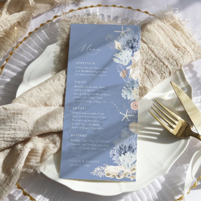 Boho Elegant Ocean Beach Coral Blue Wedding Menu (Creator Uploaded)
