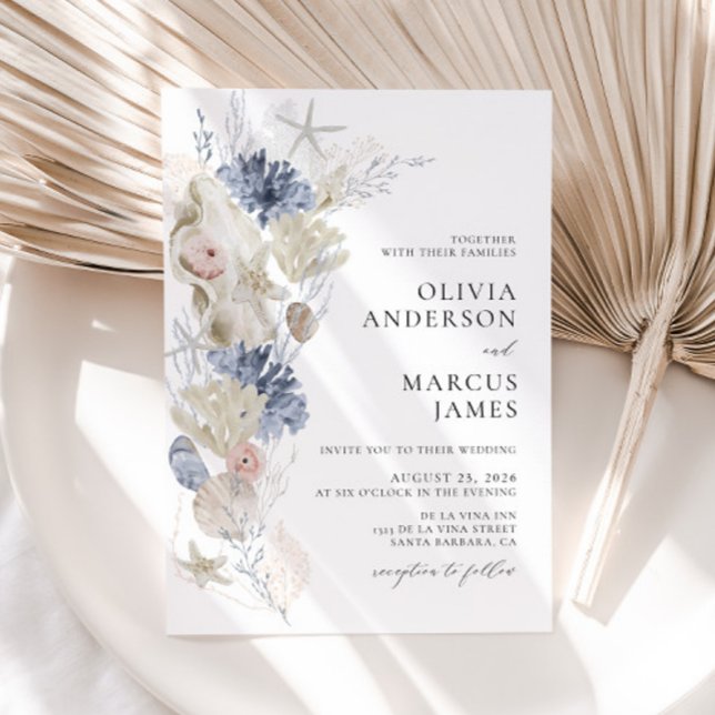 Boho Elegant On The Beach Blue Wedding Invitation (Front)