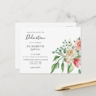 Boho Elegant Pink Rose Watercolor Baby Dedication Postcard