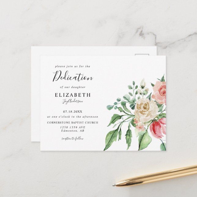 Boho Elegant Pink Rose Watercolor Baby Dedication  Postcard (Front/Back In Situ)