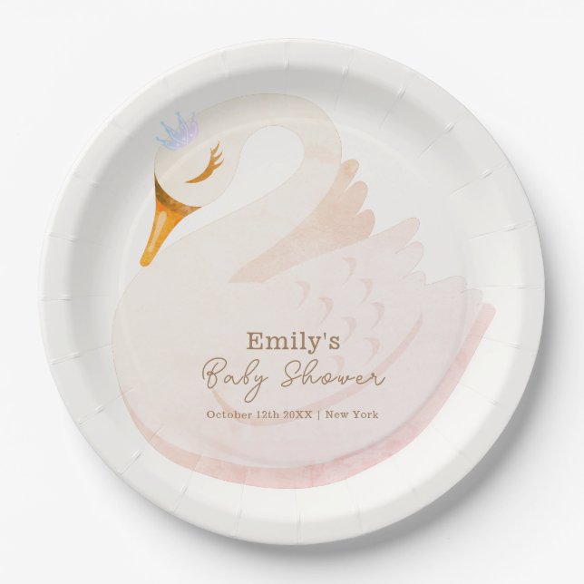 Boho Elegant Princess Swan Girl Baby Shower Paper Plate (Front)