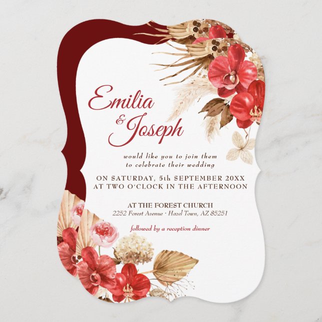 Boho elegant red orchid fall custom Wedding Invita Invitation (Front/Back)