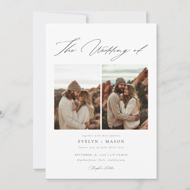 Boho Elegant Script QR Code Photo Budget Wedding Invitation (Front)