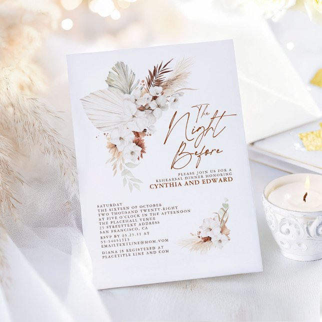 Boho Elegant Terracotta Floral Rehearsal Dinner Invitation (The Night Before Terracotta Boho Rehearsal Dinner Invitations)