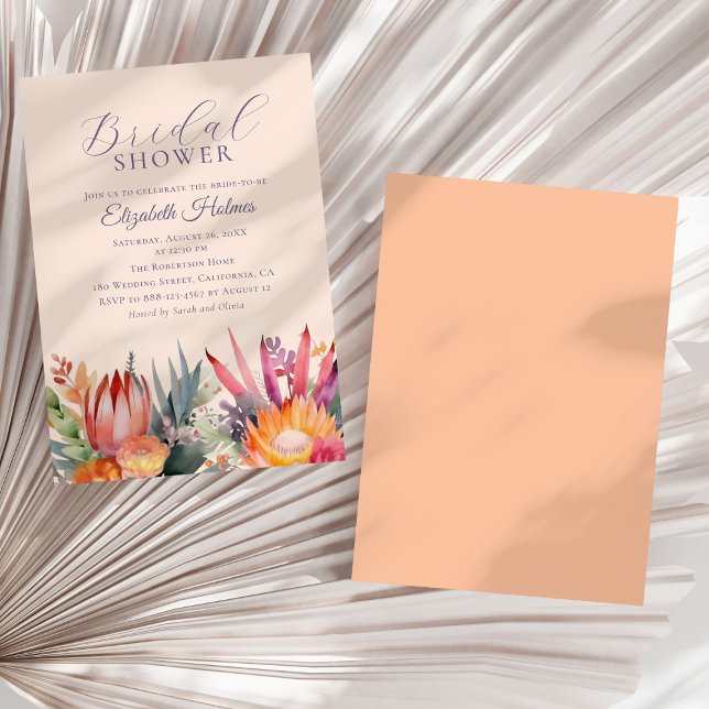 Boho Elegant Watercolor Floral Bridal Shower  Invitation (Peach Fuzz Tropical Flowers Bridal Shower Invitation on a sunny white dry palm leaf.)