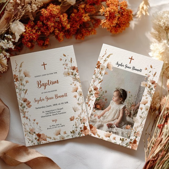 Boho elegant Wildflower Dusty Rose Photo Baptism Invitation (Boho elegant Wildflower Dusty Rose Photo Baptism Invitation)