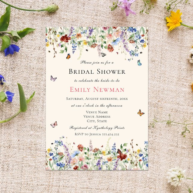 Boho Elegant Wildflowers Butterflies Bridal Shower Invitation (Creator Uploaded)