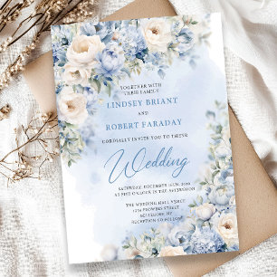 Boho Elegant winter dusty blue and ivory flowers  Invitation