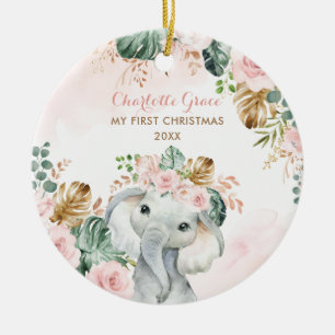Boho Elephant Baby 1st Christmas Blush Pink Flower Ceramic Tree Decoration