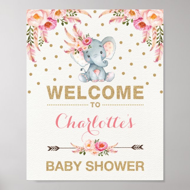 Boho Elephant Baby Shower Pink Gold Welcome Sign (Front)