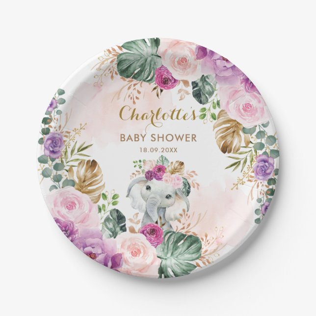 Boho Elephant Blush Purple Floral Jungle Baby Girl Paper Plate (Front)