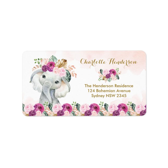 Boho Elephant Blush Purple Floral Wild Animal Label (Front)