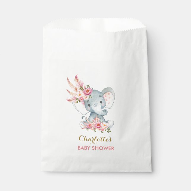 Boho Elephant Bohemian Pink Floral Baby Shower Favour Bags (Front)