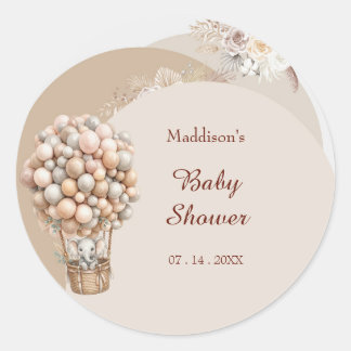 Boho Elephant Hot Air Balloon Neutral Baby Shower Classic Round Sticker