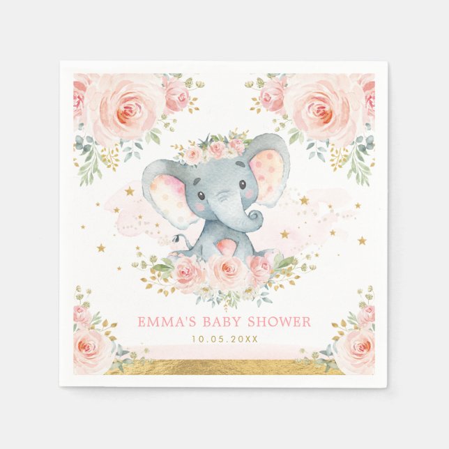 Boho Elephant Pink Blush Floral Baby Girl Shower Napkin (Front)