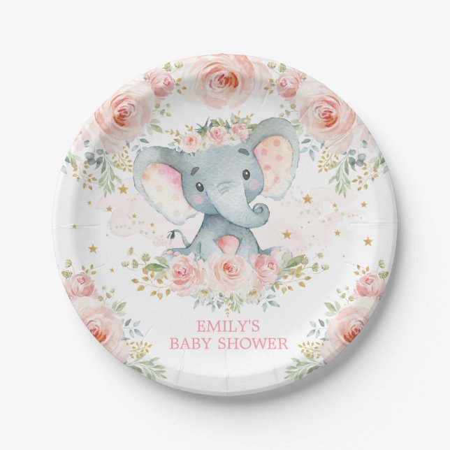 Boho Elephant Pink Floral Baby Girl Shower Favours Paper Plate (Front)