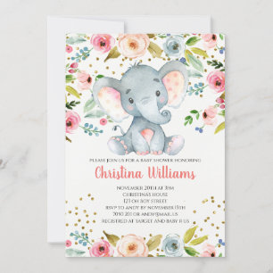 Boho Elephant Pink Girl Baby Shower Watercolor Invitation