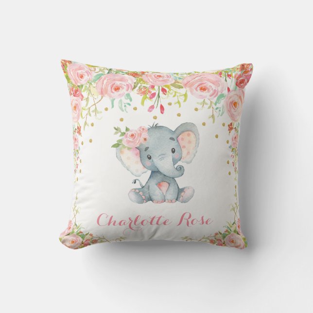 Boho Elephant Pink Gold Baby Girl Nursery Decor Cushion (Front)