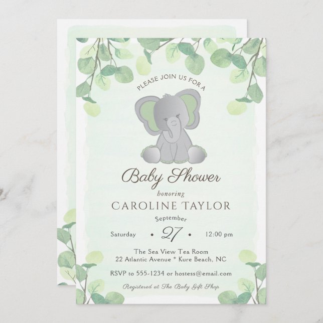 Boho Elephant Watercolor Greenery Baby Shower Invitation (Front/Back)