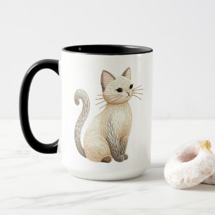 Boho Embroidered Neutral Kitty on Coffee Cup Mug