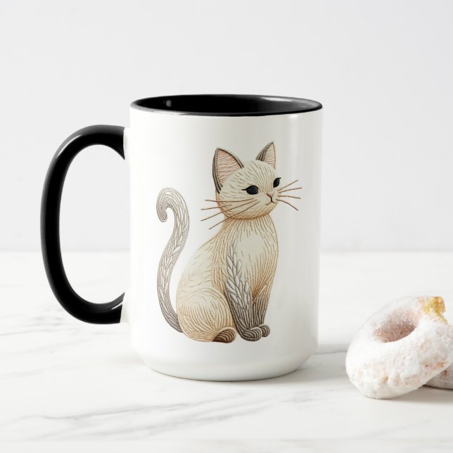 Boho Embroidered Neutral Kitty on Coffee Cup Mug (With Donut)