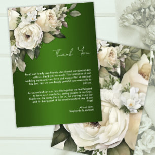 Boho Emerald Green and Vintage White Roses Wedding Thank You Card