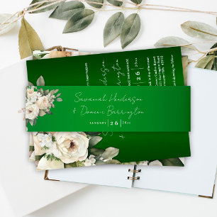 Boho Emerald Green Floral Wedding  Invitation Belly Band