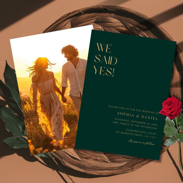 Boho Emerald Green Gold We Said Yes Wedding Photo  Invitation (Creator Uploaded)