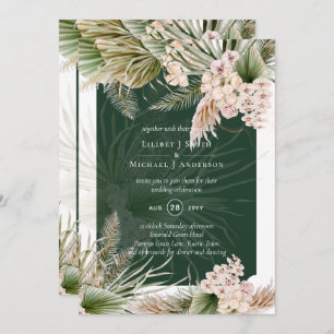 BOHO Emerald Green Pampas Grass Peach Wedding Invitation