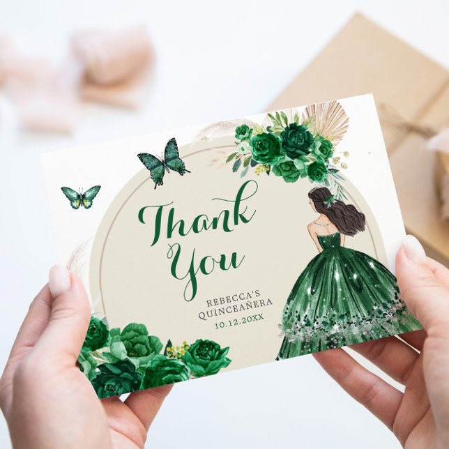 Boho Emerald Green Princess Quinceañera Thank You Card (Creator Uploaded)